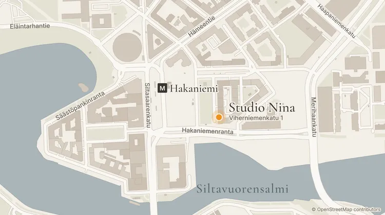 Studio Nina sijaitsee osoitteessa Viherniemenkatu 1, Hakaniemessä, Hakaniemen metroaseman lähellä.